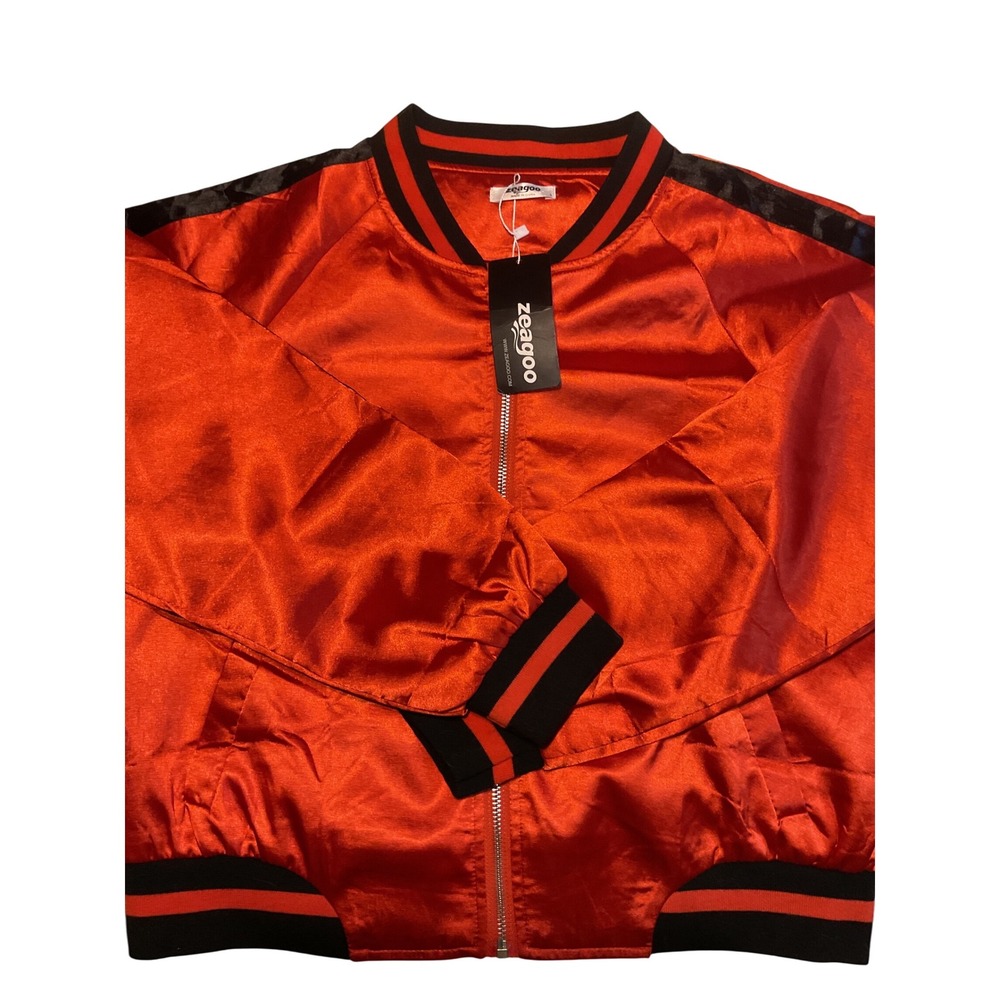 Zeagoo Orange Satin Bomber Jacket Ribbed Collar‎ Cuffs Hem Zipper Front Size L